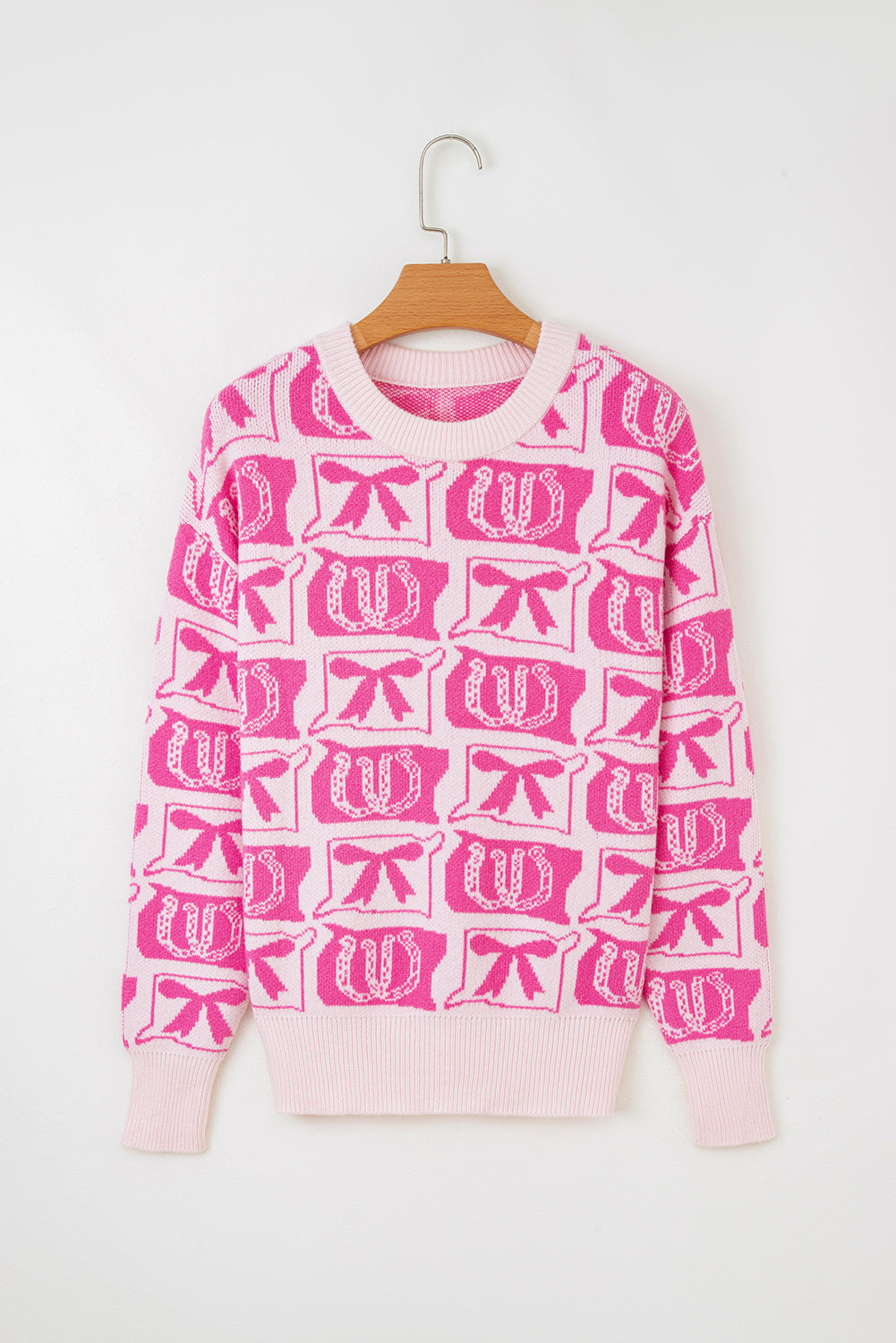 Pink Bows &amp; Horseshoes Pattern Western Fashion Print Sweater