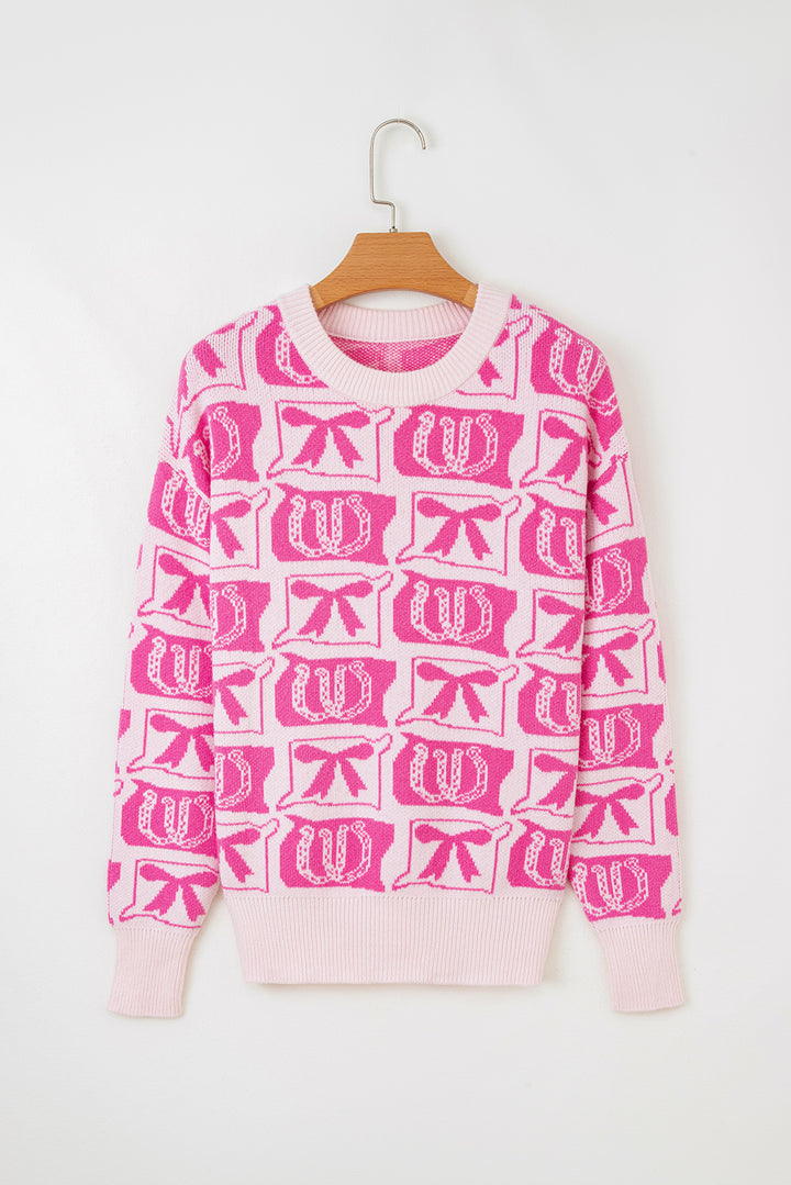 Pink Bows &amp; Horseshoes Pattern Western Fashion Print Sweater
