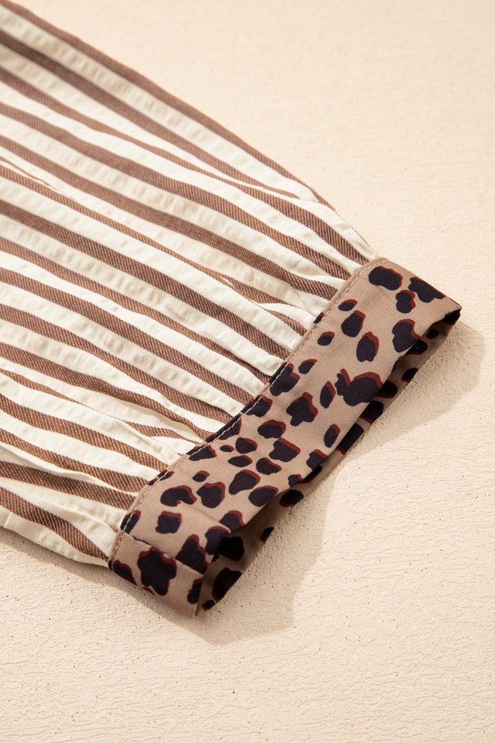Square Button Leopard Trim Loose Bracelet Sleeve Shirt Dress