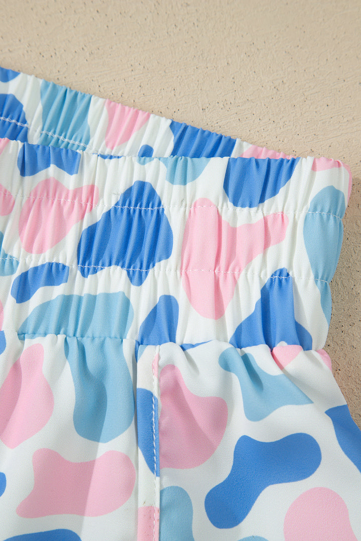 Sky Blue Camouflage Print Shirred High Waist Athleisure Shorts