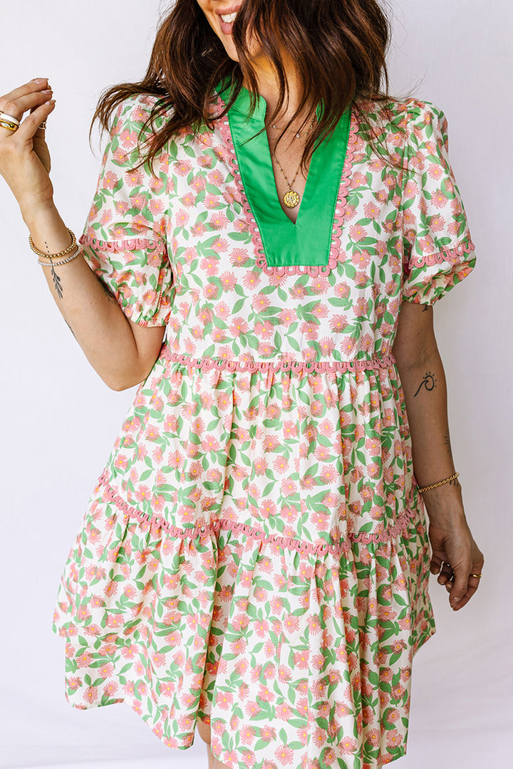 Contrast Neckline Ricrac Trim Floral Short Puff Sleeve Dress