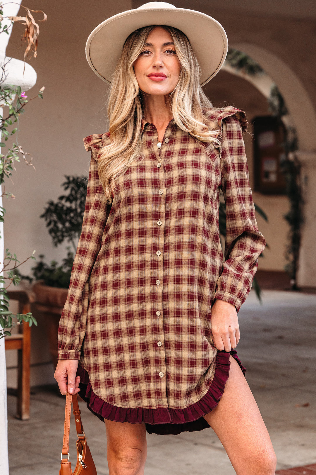 Plaid Print Ruffled Long Sleeve Patchwork Hem Mini Shirt Dress