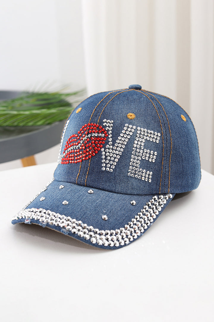 Ashleigh Blue Rhinestone Embellished LOVE Lip Denim Baseball Cap
