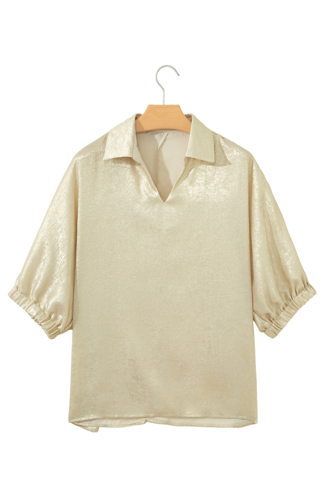 Casual Collared V Neck Half Sleeve Metallic Top