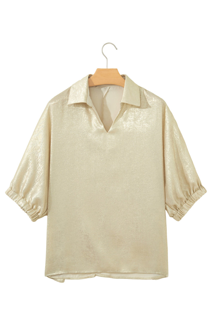 Casual Collared V Neck Half Sleeve Metallic Top