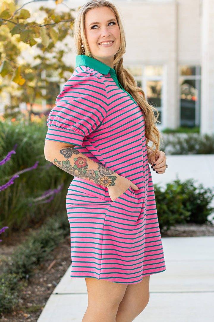 Rose Stripe Collared V Neck Shift T Shirt Dress with Pockets