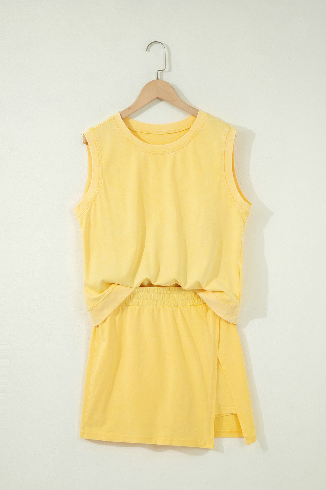 Yellow Cream Washed Sleeveless Top Split Skort Cotton 2pcs Outfit