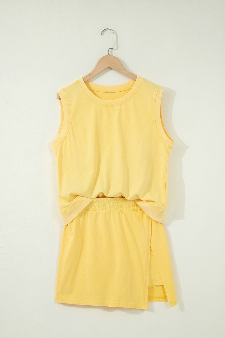 Yellow Cream Washed Sleeveless Top Split Skort Cotton 2pcs Outfit