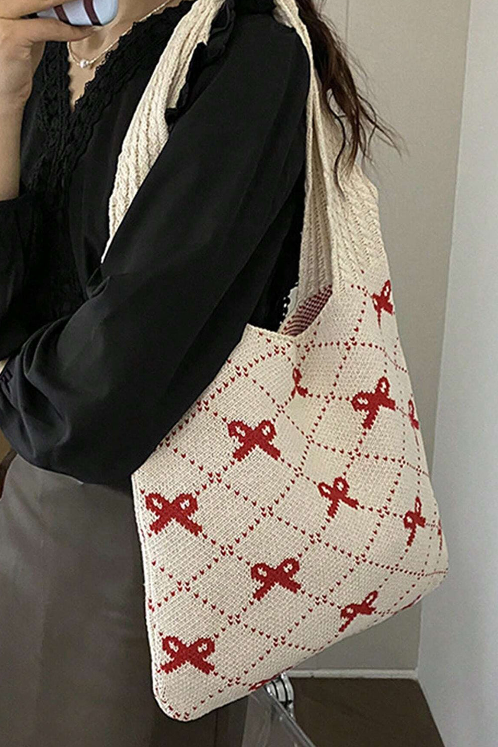 Bow Argyle Pattern Cable Knit Handle Tote Bag