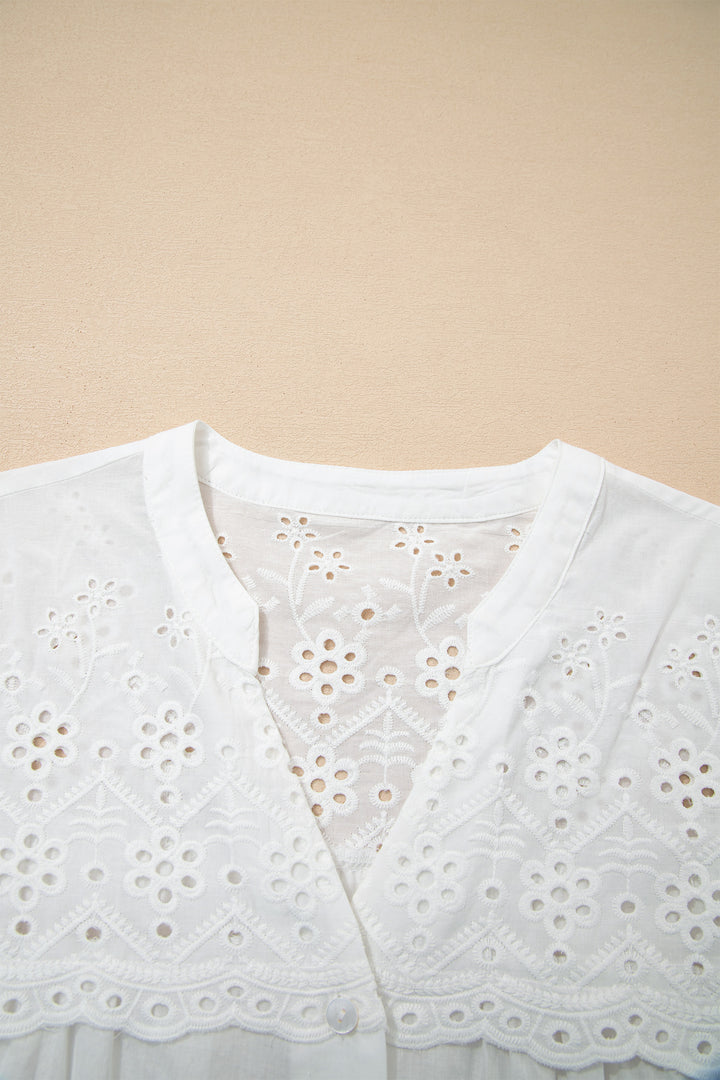 Flower Eyelet Embroidered Patchwork Sheer Short Sleeve Shirt
