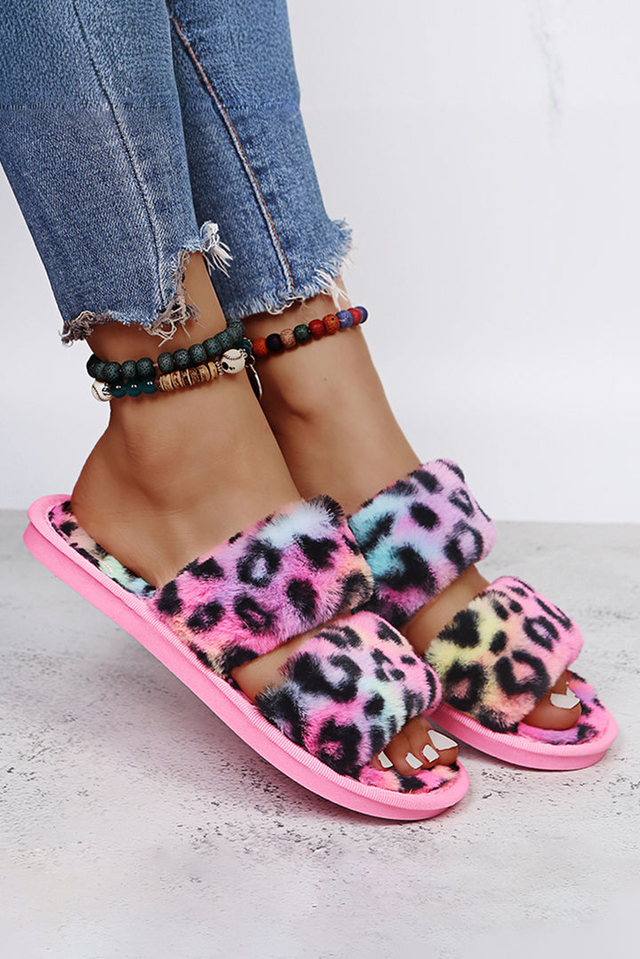Bold Plush Leopard Double Band Flat Slippers