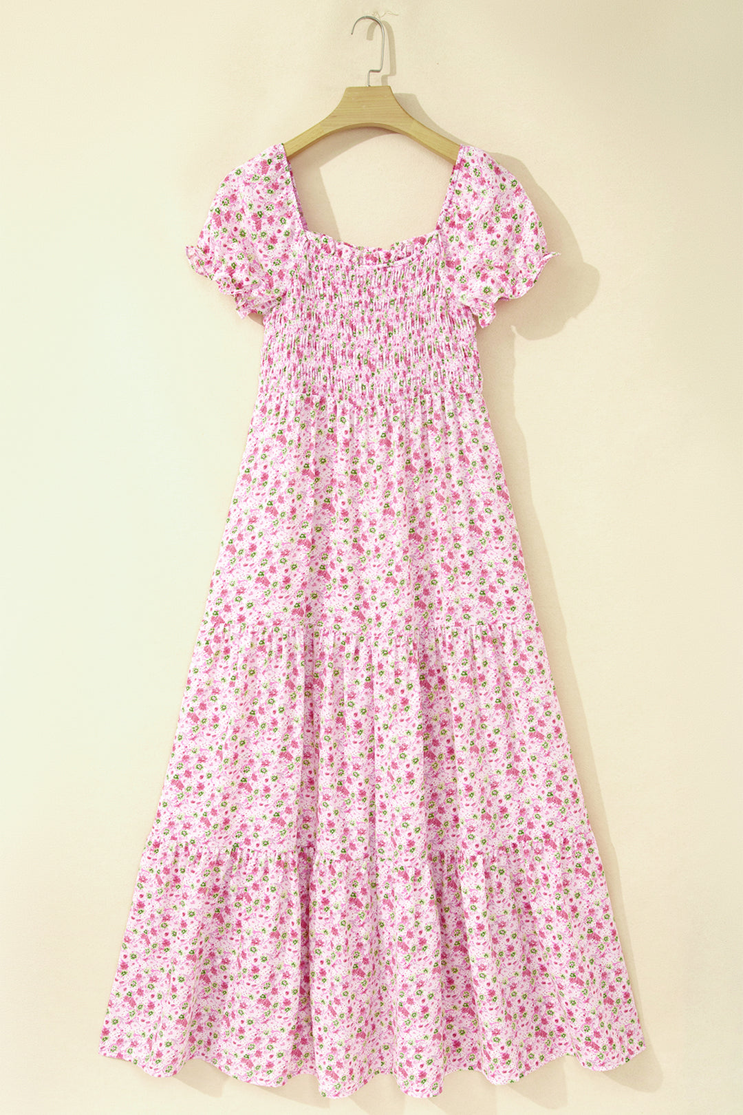 Pink Floral Short Shirred High Waist Maxi Dress