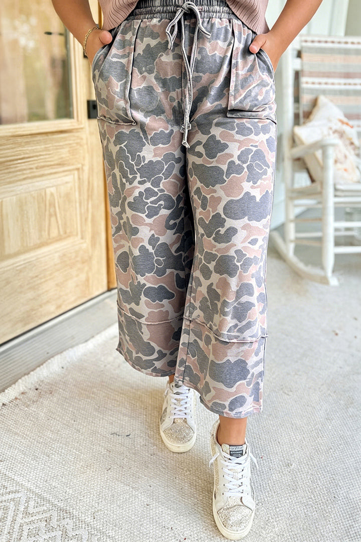 Khaki Camouflage Print Ankle-Length Plus Size Pants