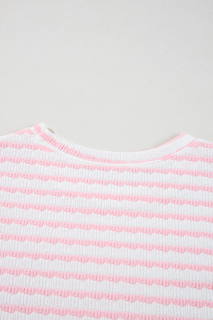 Pink Stripe Knitted Short Sleeve Top and Drawstring Shorts Set