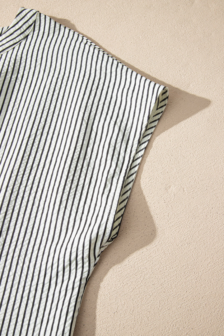 Black Stripe Frilled Detail Half Buttons Short Sleeve Long Dress