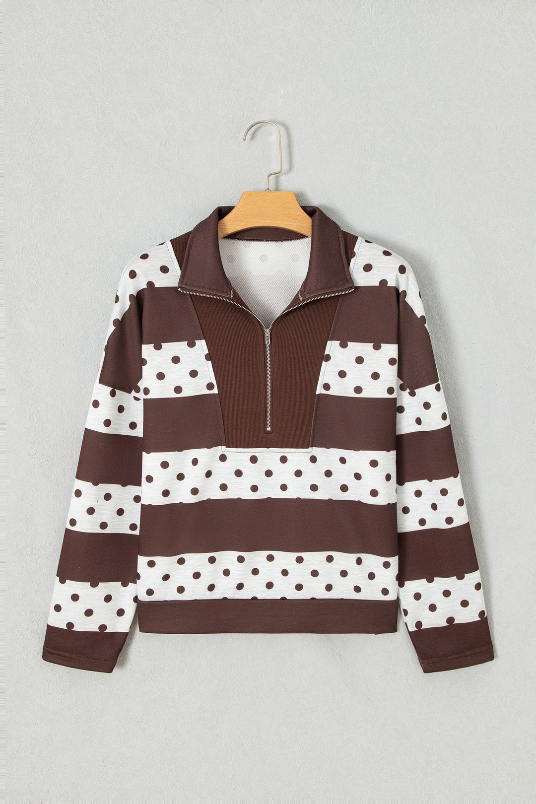 Brown Stripe Patchwork Polka Dot Accent Quarter Zip Long Sleeve Top