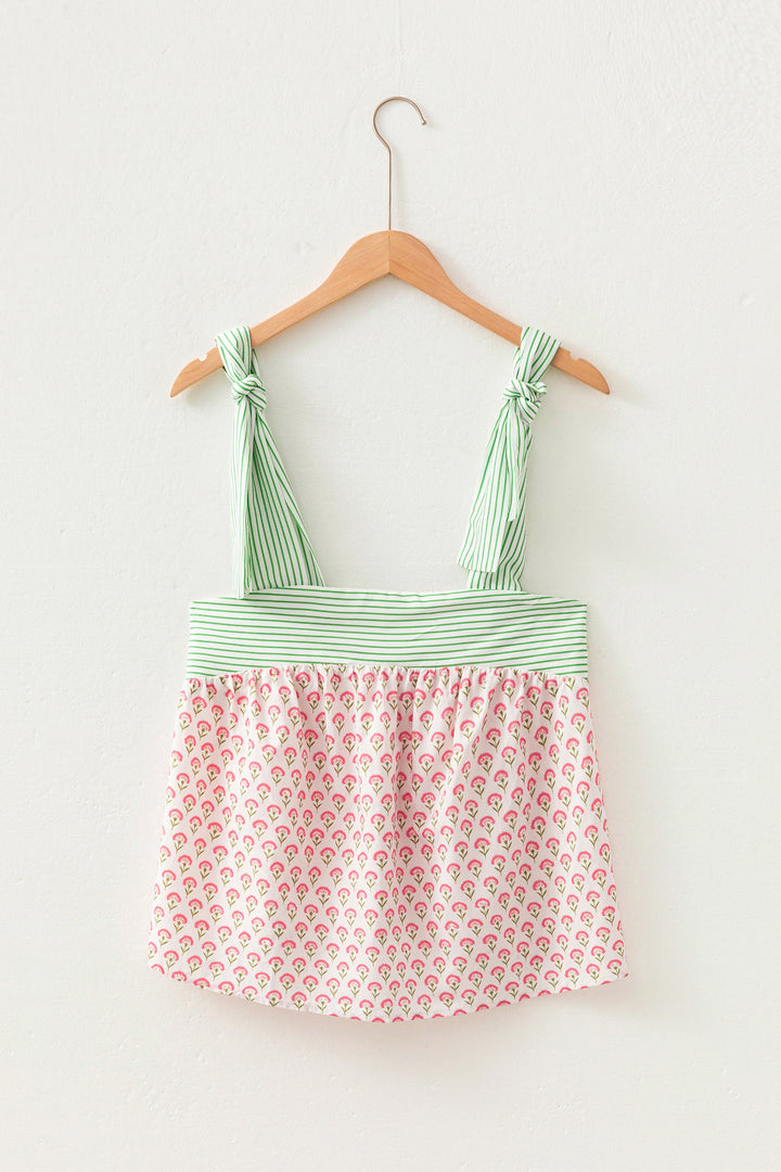 Pink Floral Printed Knot Straps Babydoll Tank Top