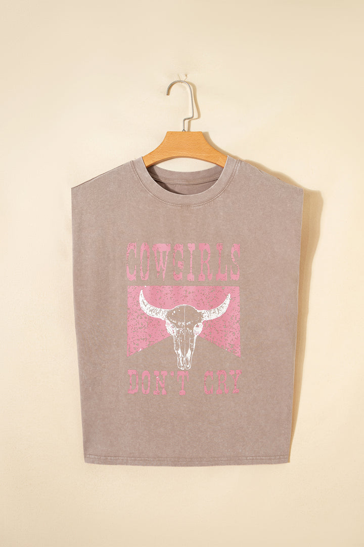 Smoke Gray COWGIRLS DONT CRY Western Graphic Mineral Wash Tank Top
