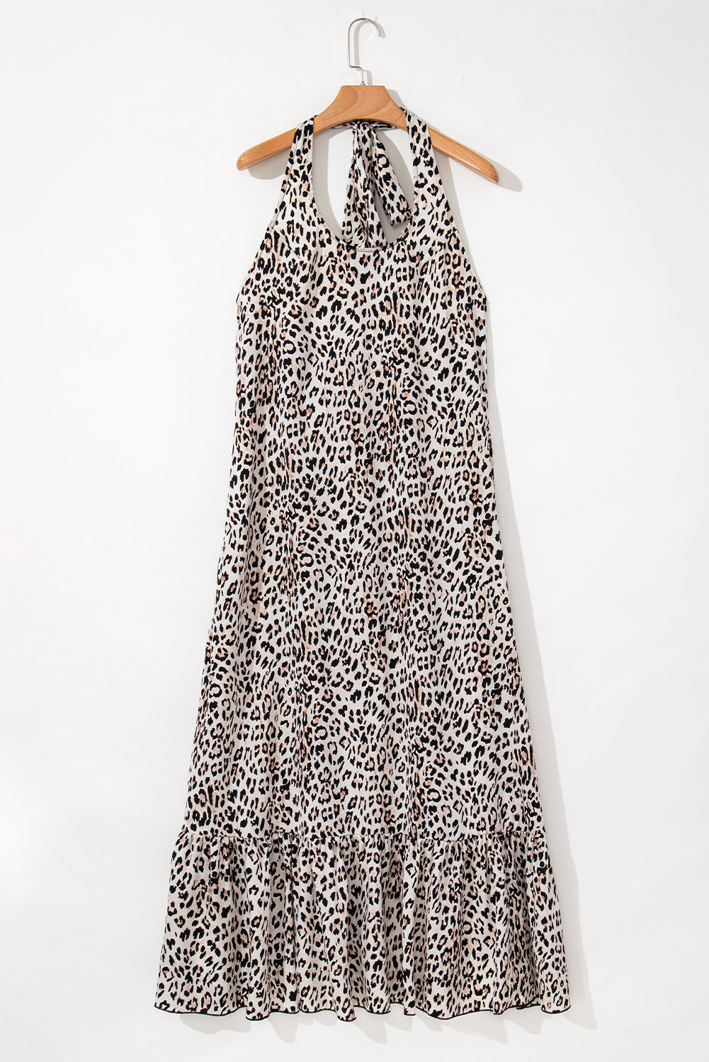 Leopard Printed Halter Neck Backless Ruffled Hem Maxi Dress