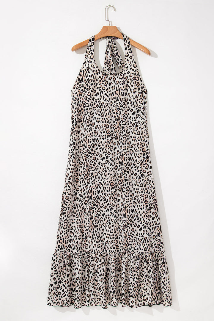 Leopard Printed Halter Neck Backless Ruffled Hem Maxi Dress