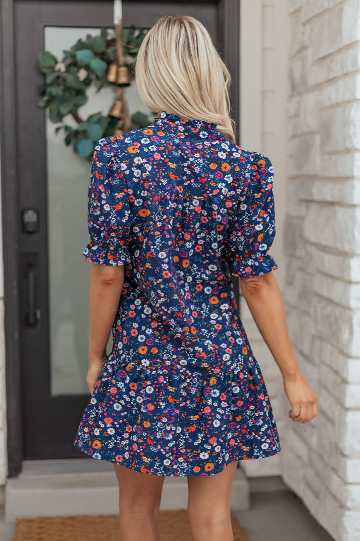 Wild Daisy Floral Split Neck Short Puff Sleeve Mini Dress