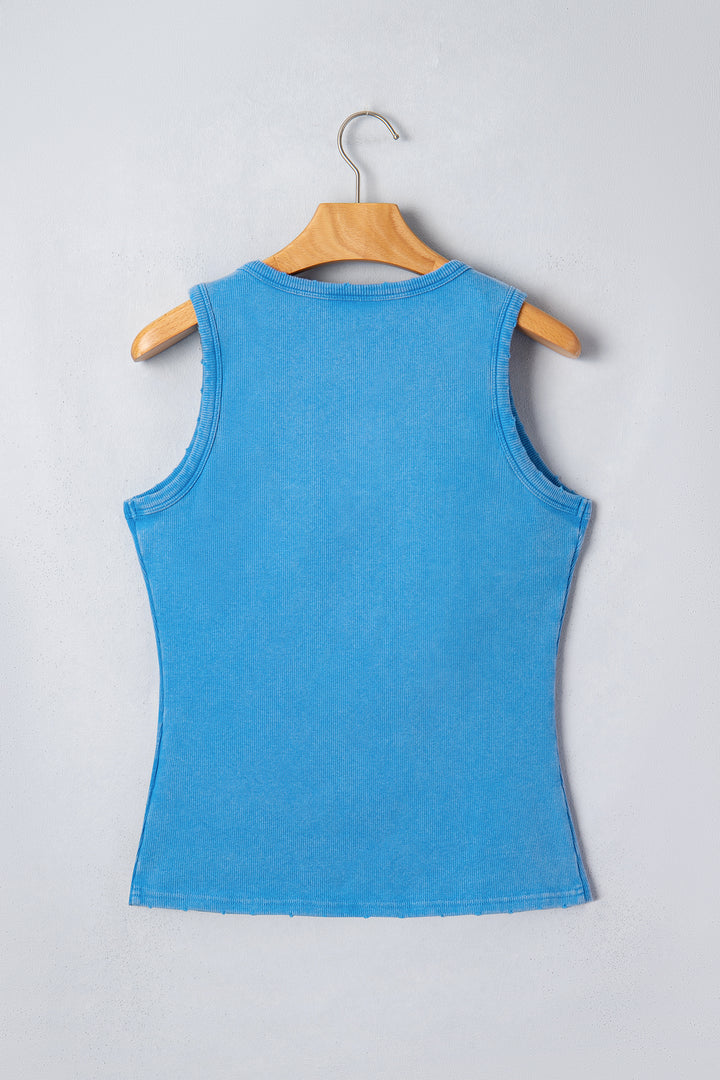 Blue Vintage Distressed Ribbed Mineral Wash Tank Top