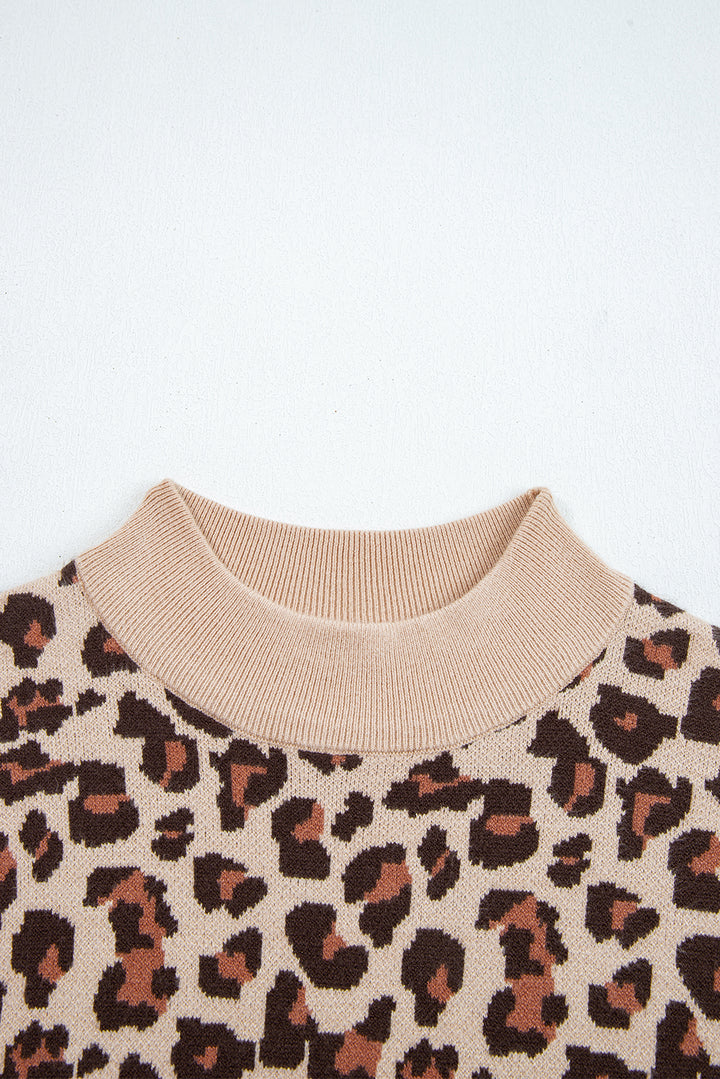 Leopard Print High Neck Shift Mini Sweater Dress