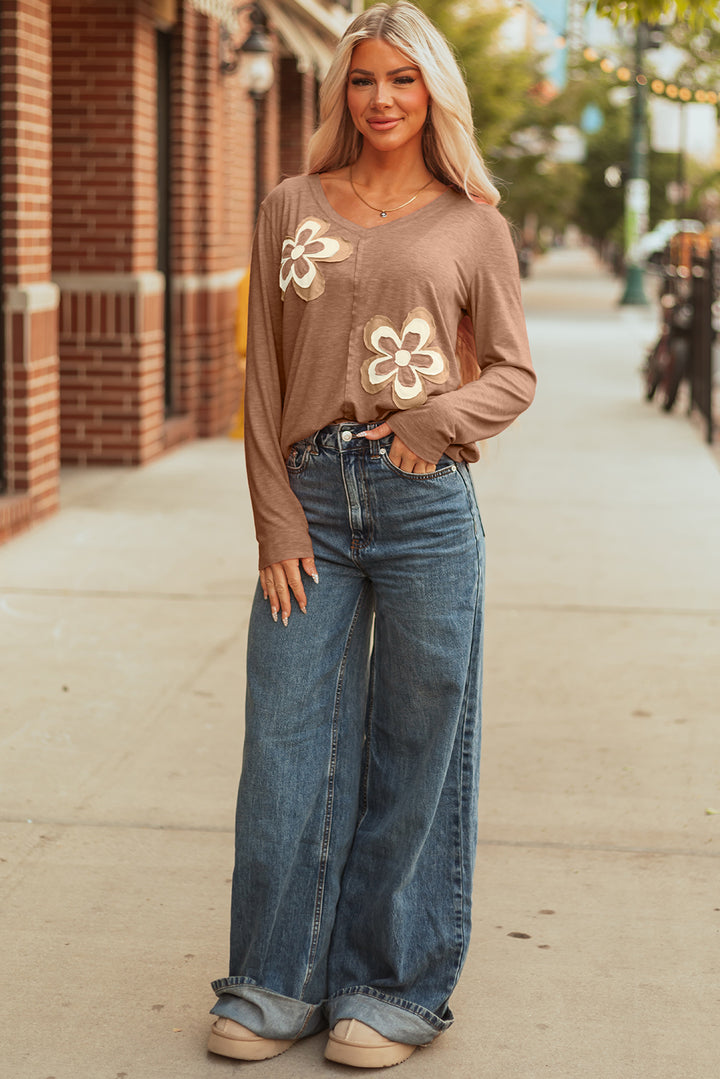 Floral Patchwork V Neck Long Sleeve T Shirt