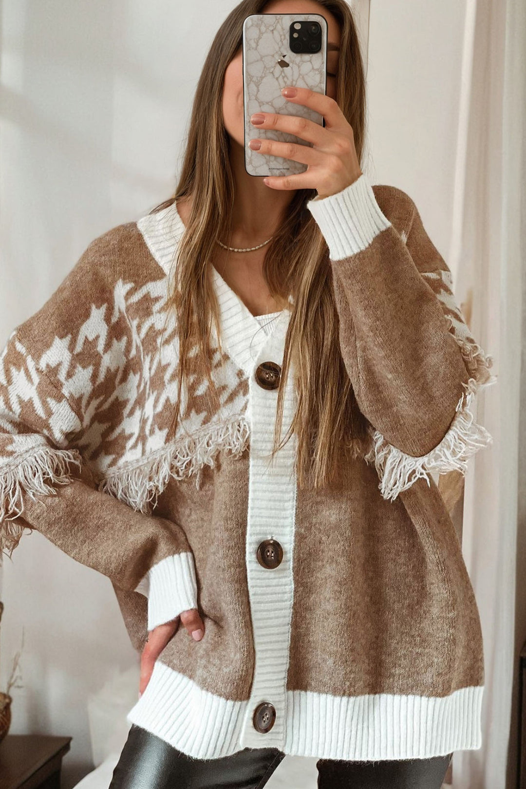 Khaki Houndstooth Color Block  Raw Edge Button Front Cardigan