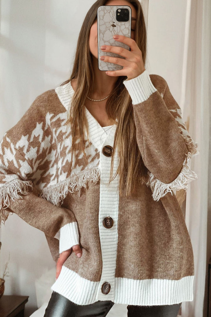 Khaki Houndstooth Color Block  Raw Edge Button Front Cardigan