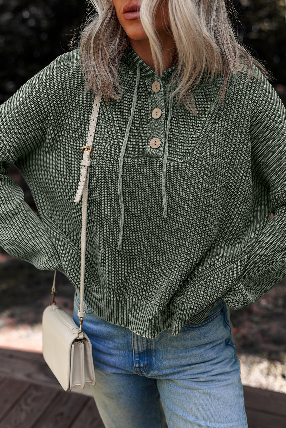 Mineral Wash Ribbed Knit Button Drawstring Neck Hooded Sweater