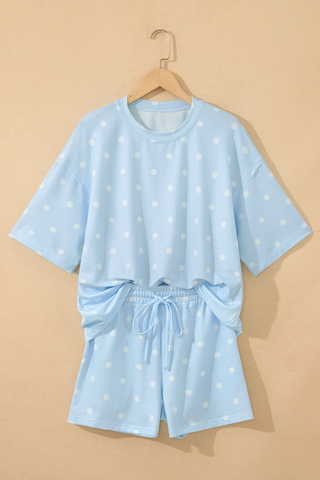 Sky Blue Polka Dot Short Sleeve Loose Top Drawstring Shorts Set