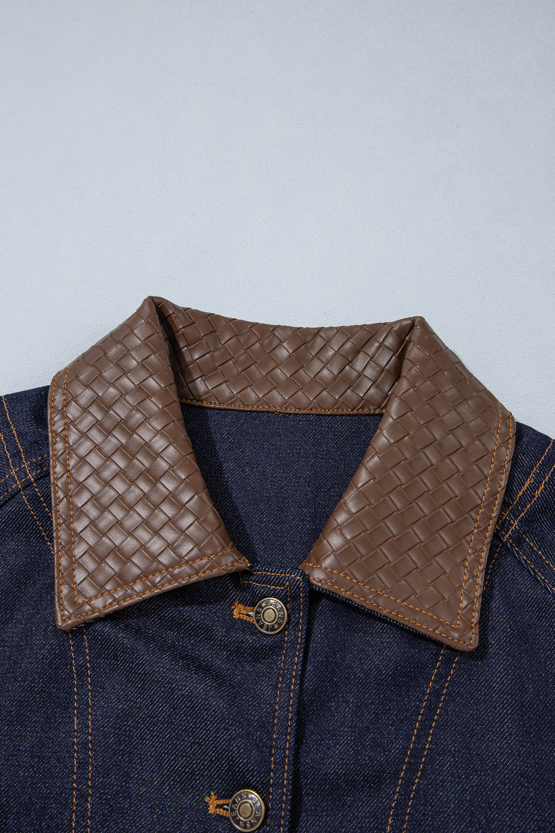 Navy Blue Contrast Collar Stitched Detail Button Denim Jacket