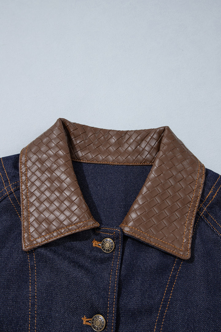 Navy Blue Contrast Collar Stitched Detail Button Denim Jacket