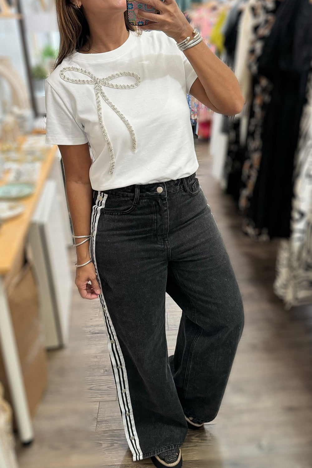 Rhinestone Bow Embellished Round Neck Tee