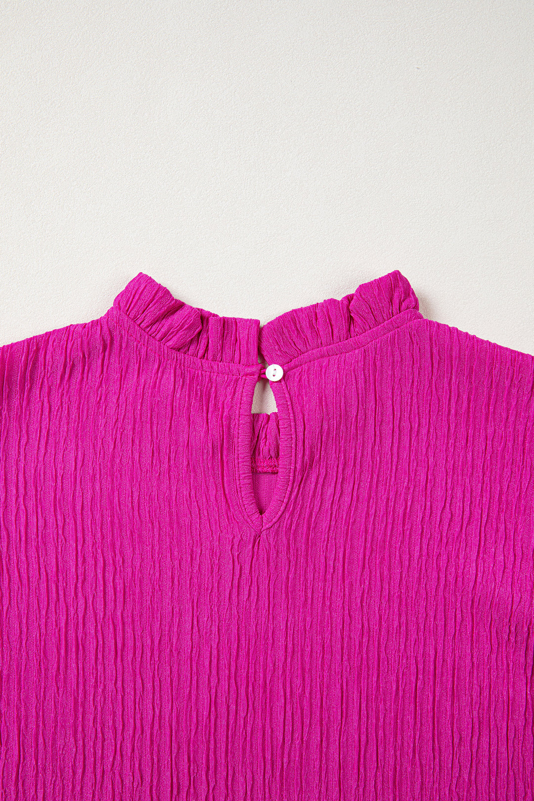 Rose Red Solid Color Textured Ruffle Trim Short Sleeve Blouse