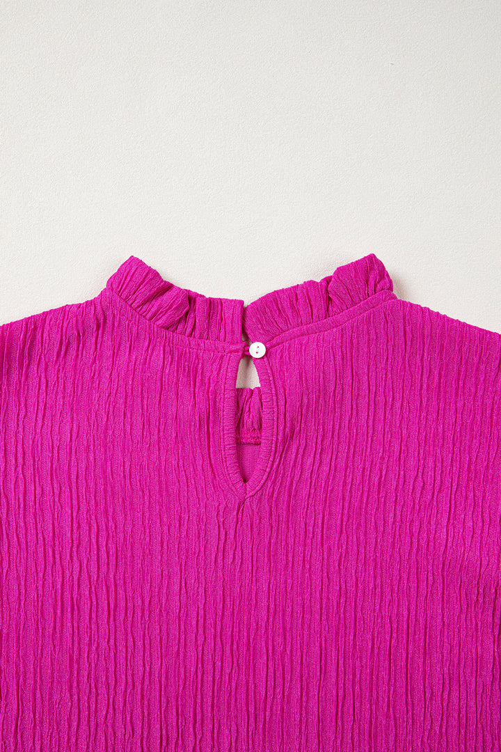 Rose Red Solid Color Textured Ruffle Trim Short Sleeve Blouse