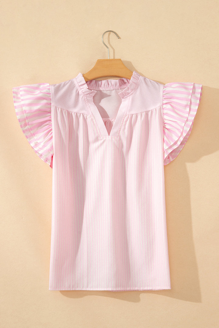 Pink Stripe Contrast Trim V Neck Flutter Sleeve Blouse
