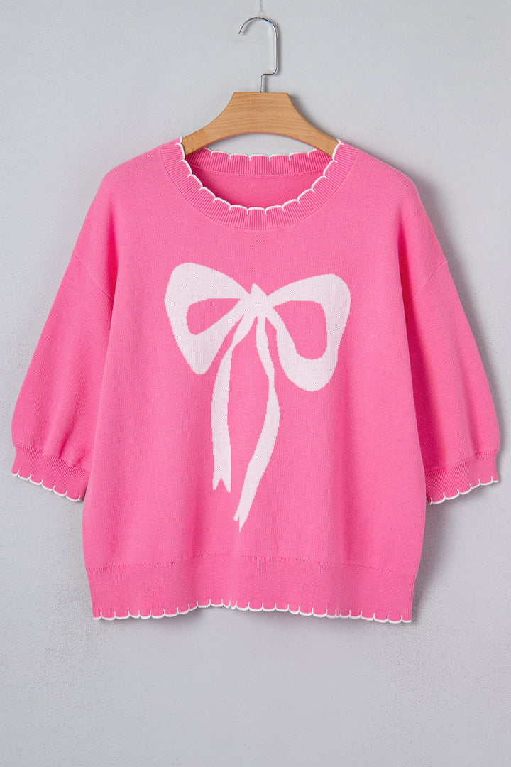 Big Ribbon Bow Print Contrast Stitch Trim Drop Shoulder Sweater