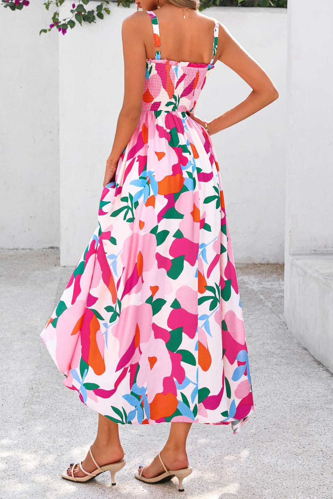 Pink Floral Print Adjustable Straps Smocked High Waist Sundress