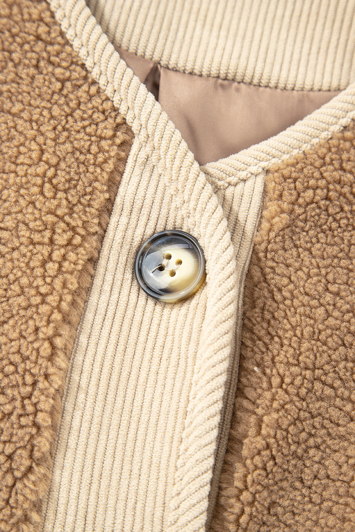 Light French Beige Puffy Plush Corduroy Edge Jacket with Big Pockets