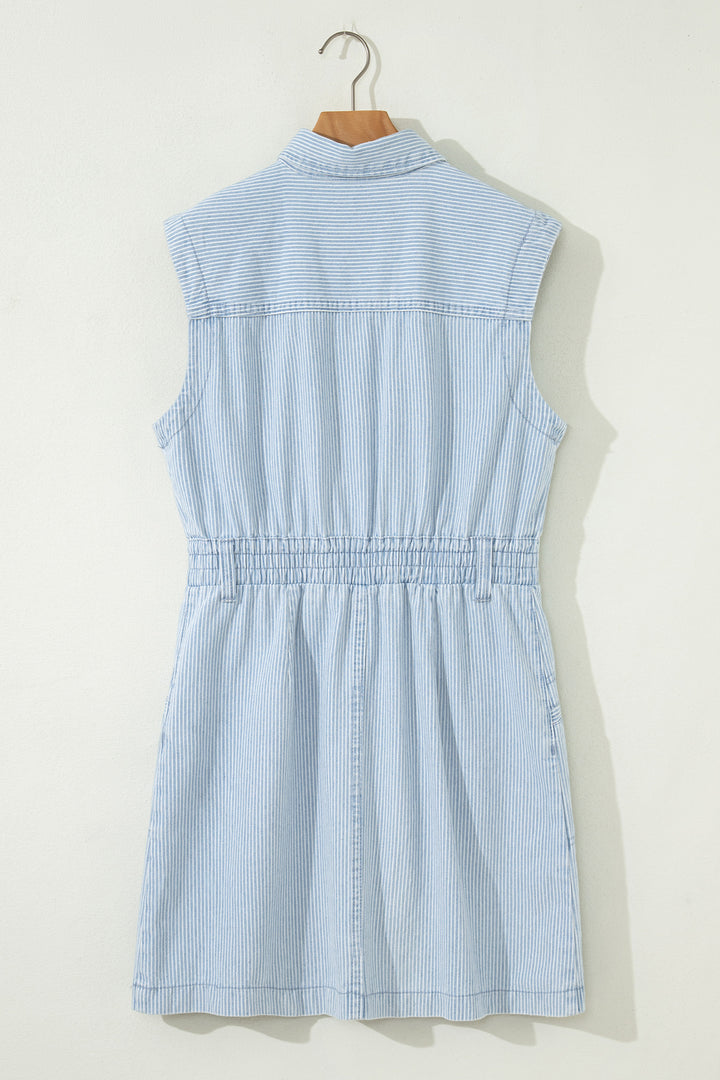 Sky Blue Stripe Sleeveless Denim Mini Dress