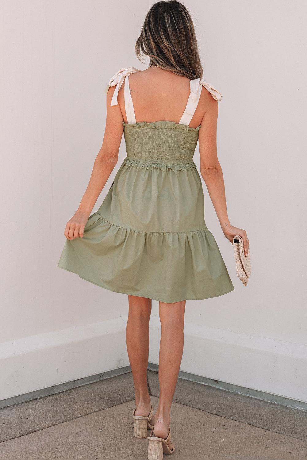 Smocked Bodice Self-tie Straps A-line Ruffled Mini Dress