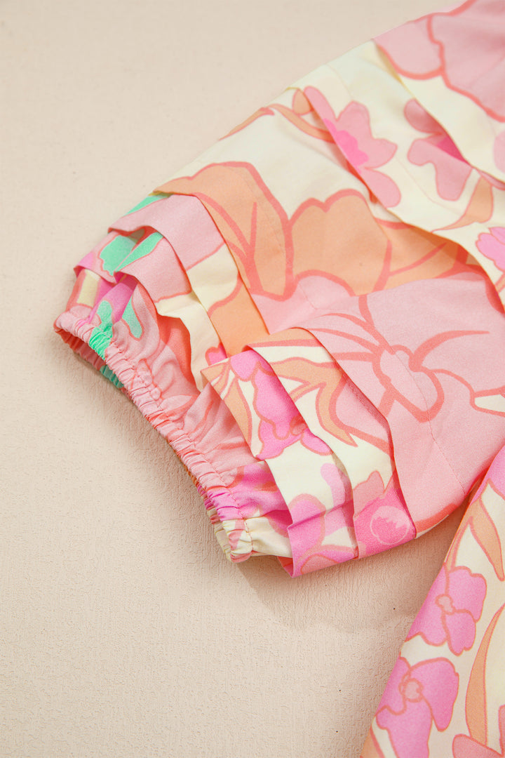 Pink Floral Print Button Down Pintuck Short Sleeve Shirt