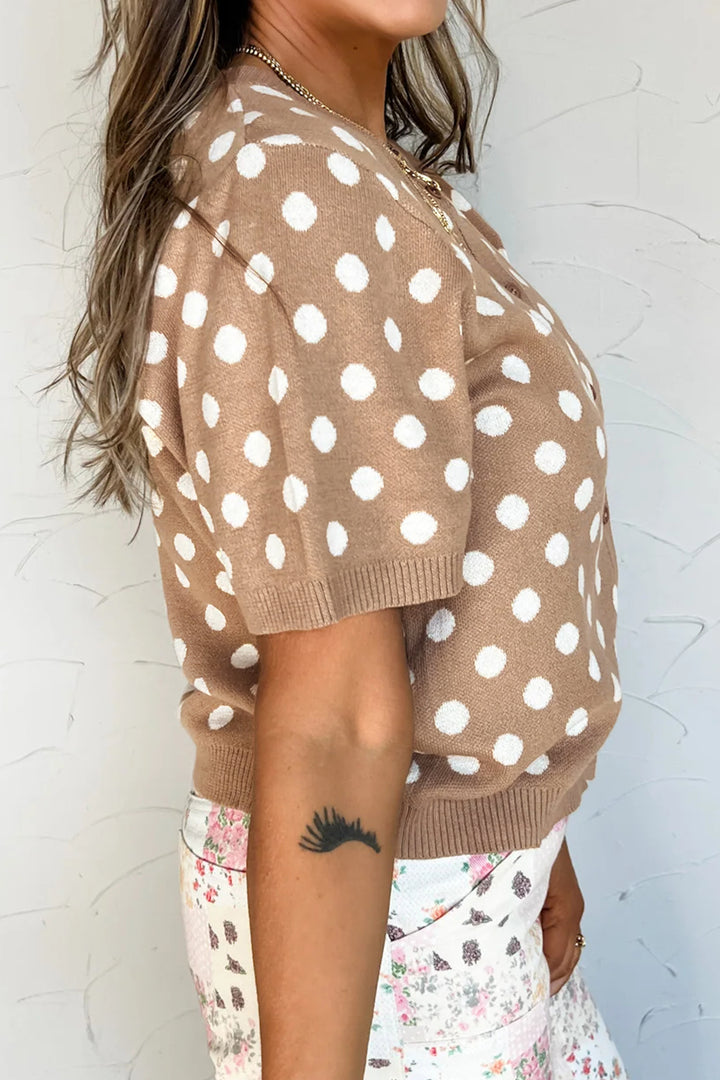 Dark Khaki Polka Dot Short Sleeve Button Down Sweater Cardigan