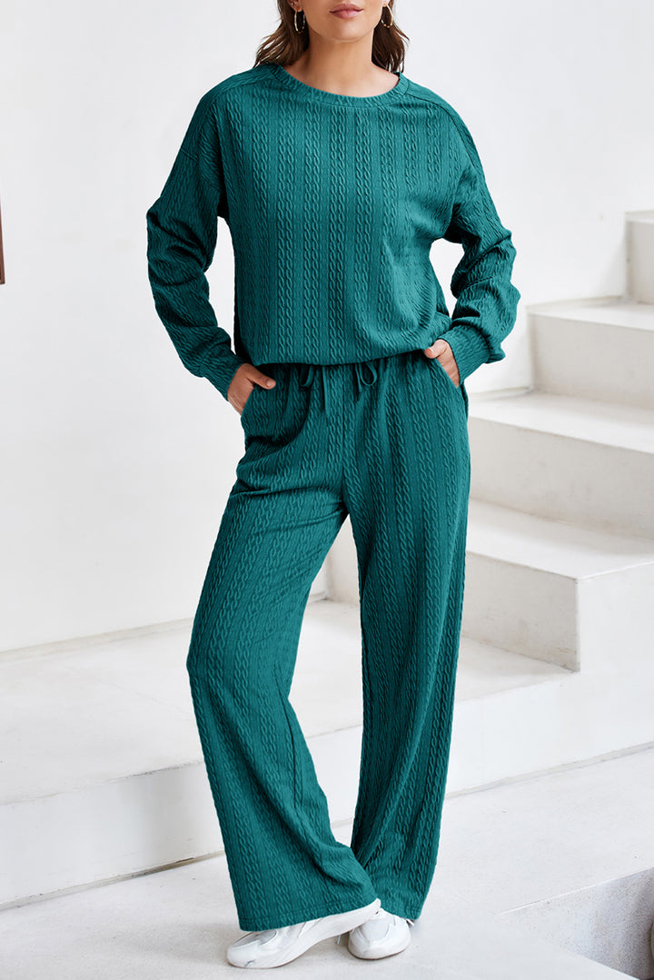 Sea Green Textured Round Neck Sweatshirt &amp; Loose Drawstring High Waist Pant Set