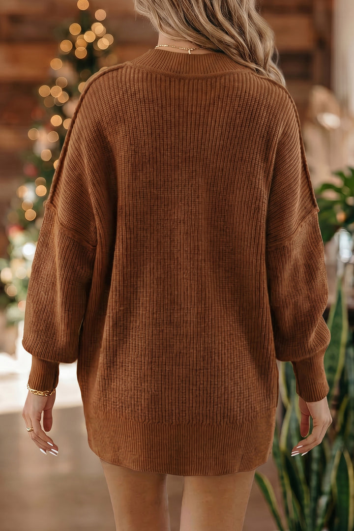 Chestnut Ribbed Knit Stand Neck Regular Fit Pullover Sweater