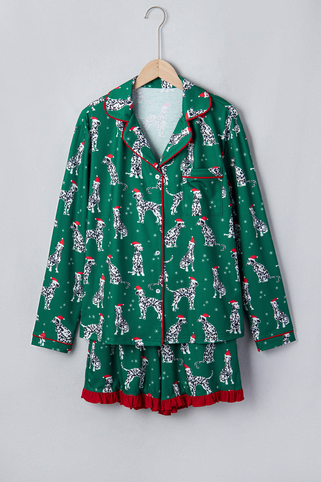 Green Long Sleeve Dog Print Two Piece Shift Lounge Set