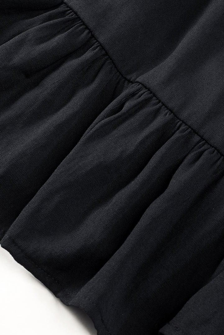 Black Solid Color Long Sleeve Shirred Drawstring Ruffle Mini Dress