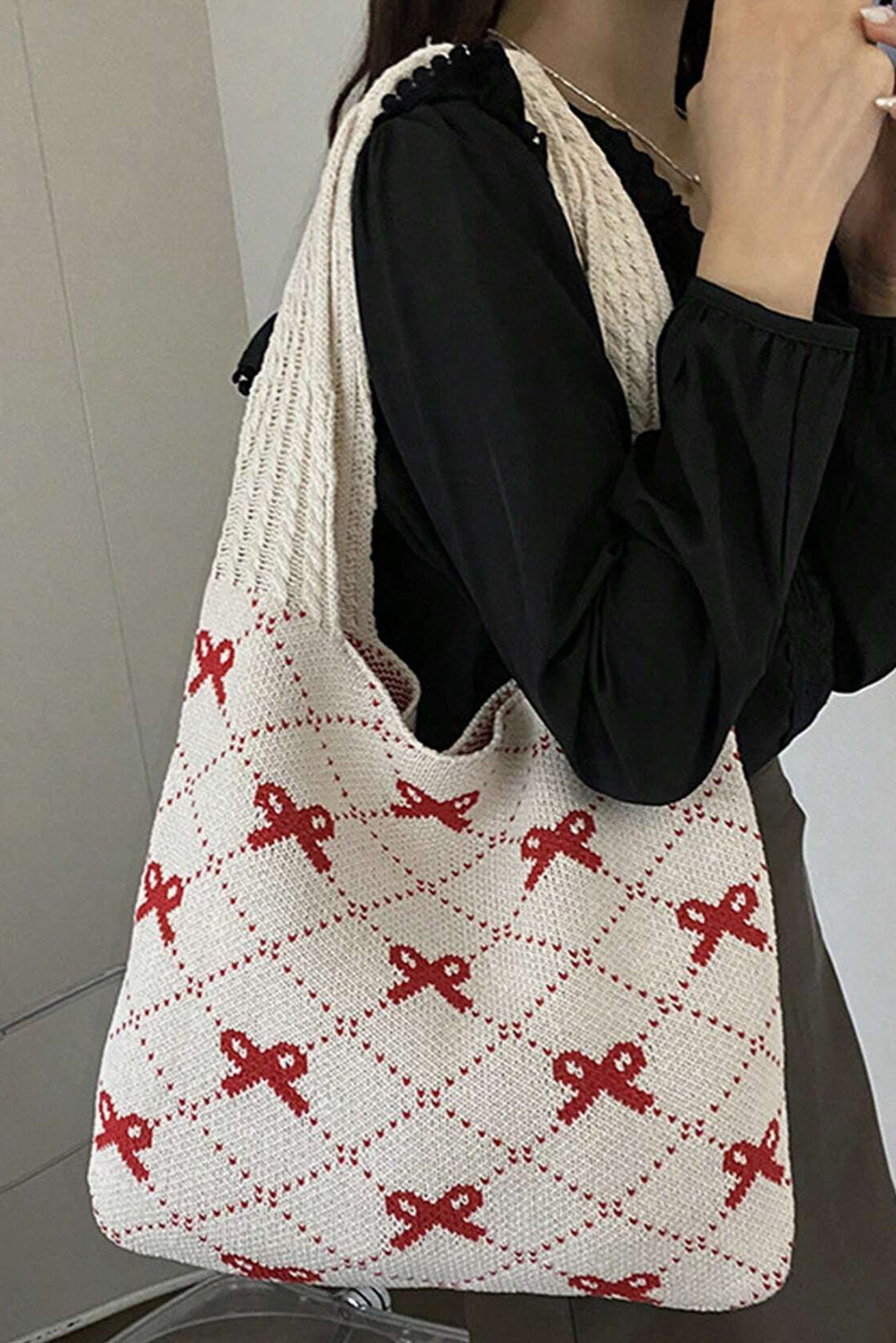 Bow Argyle Pattern Cable Knit Handle Tote Bag